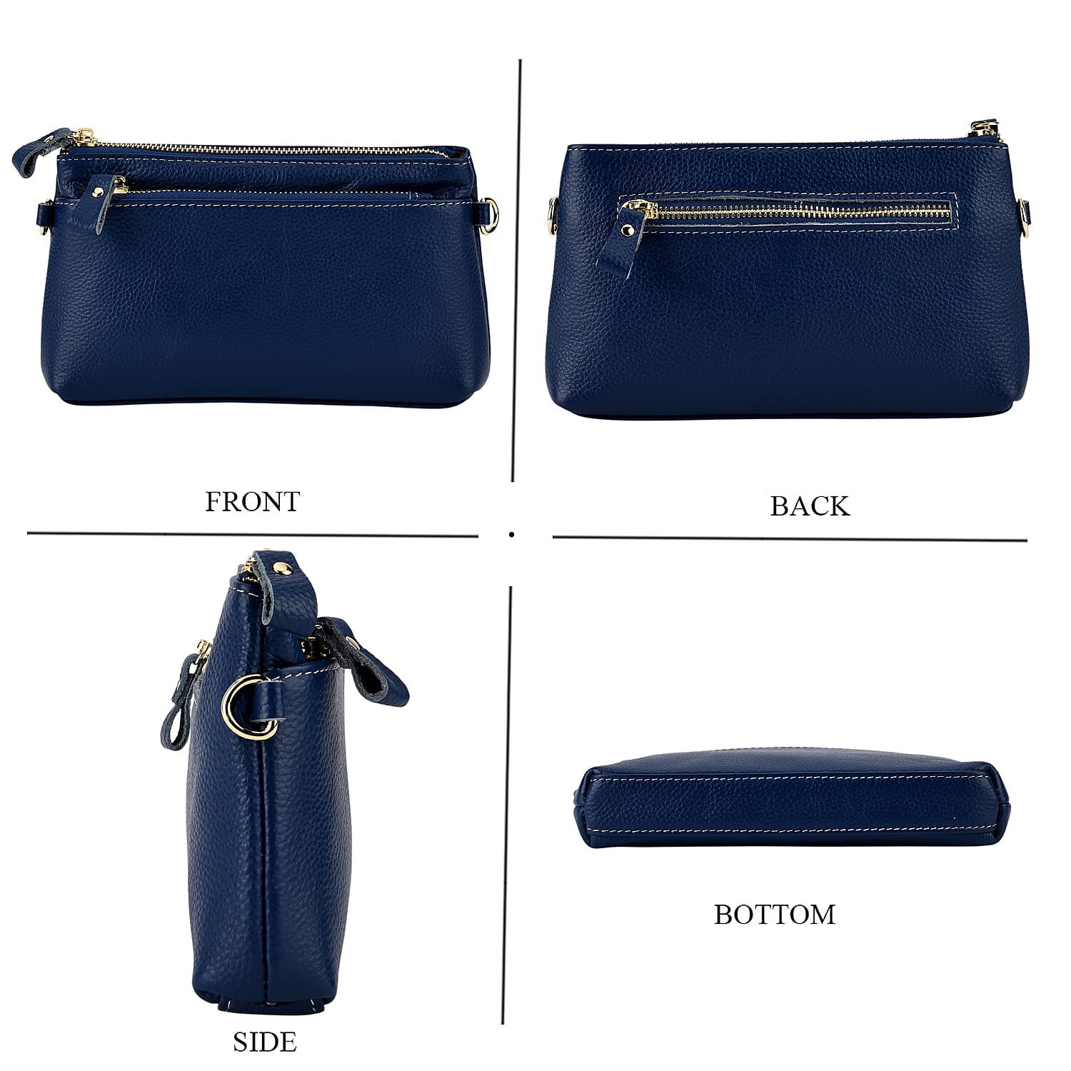 100% Exquisite Genuine Leather Premium Crossbody Bag 3-in-1 Clutch - Wristlet - Navy