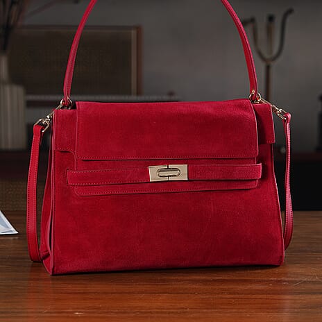 Valissiere Designer Inspired Genuine Leather - Suede Satchel with Crossbody Strap - Burgundy