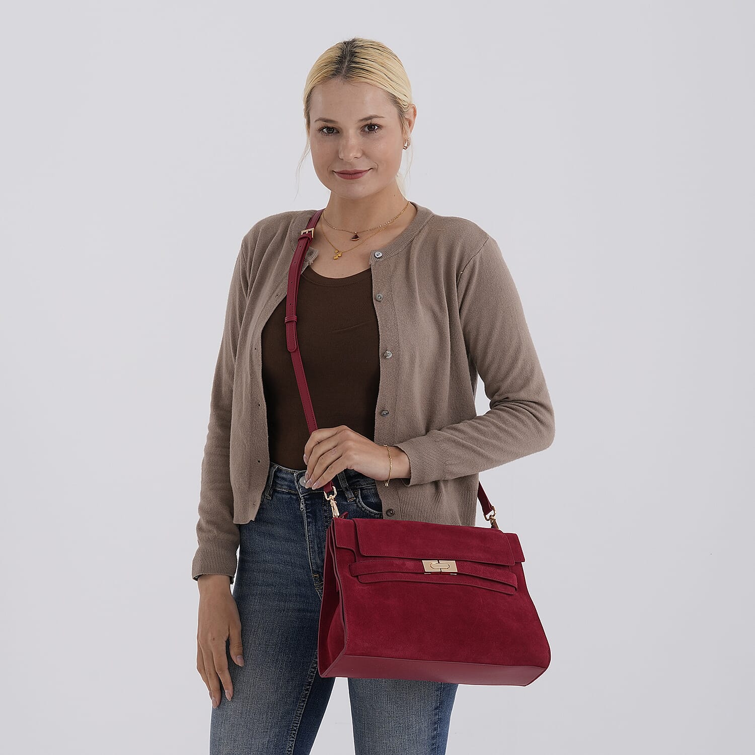 Valissiere Designer Inspired Genuine Leather - Suede Satchel with Crossbody Strap - Burgundy