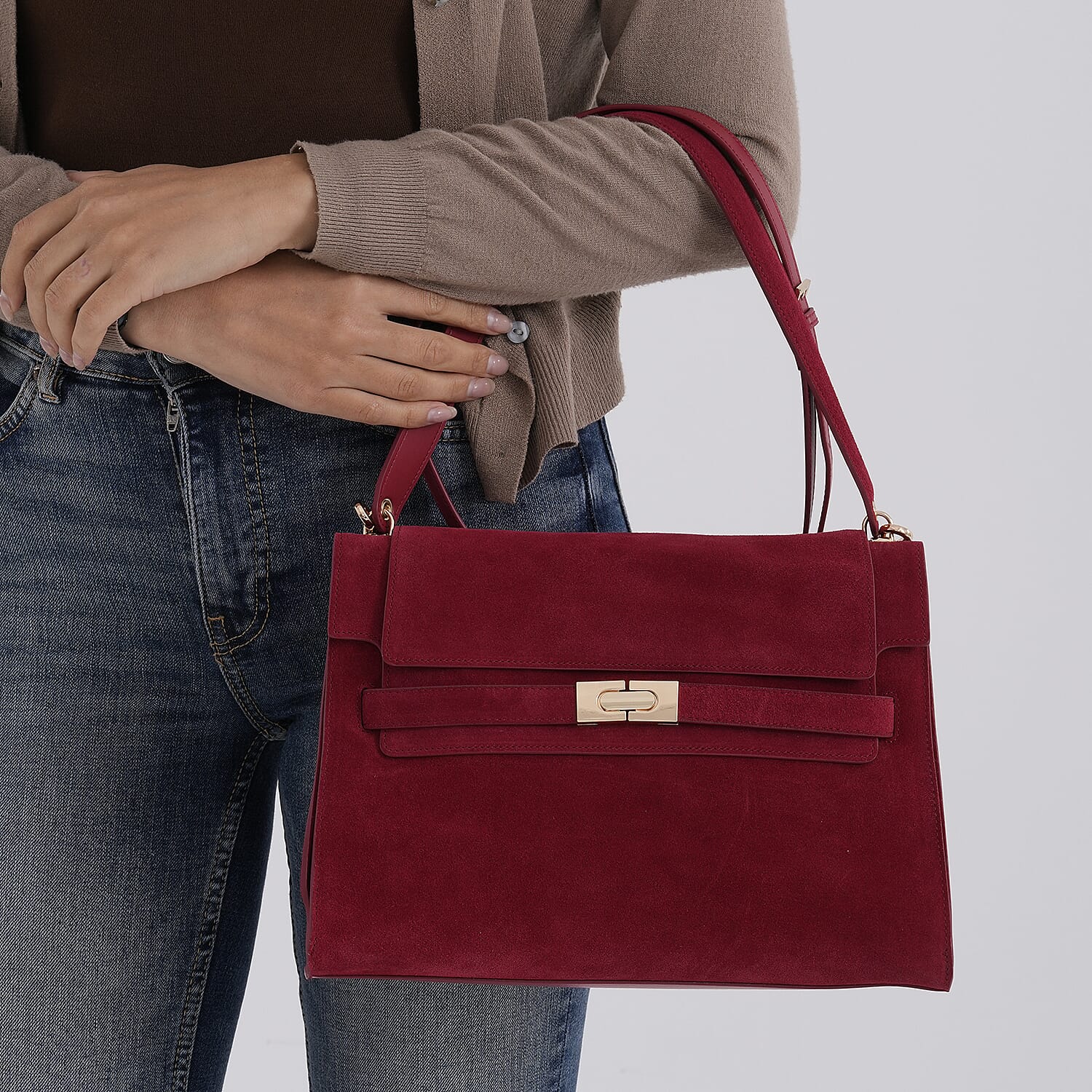 Valissiere Designer Inspired Genuine Leather - Suede Satchel with Crossbody Strap - Burgundy