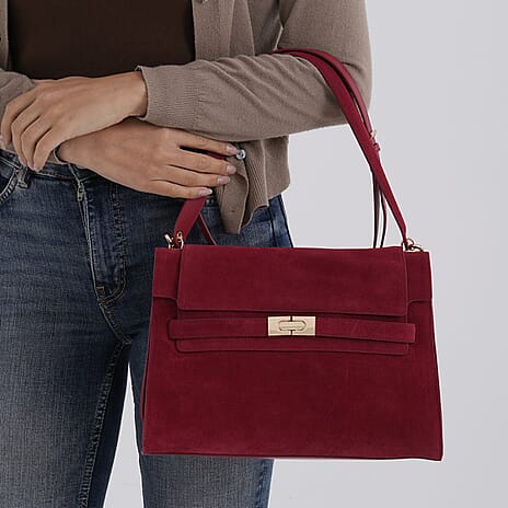 Valissiere Designer Inspired Genuine Leather - Suede Satchel with Crossbody Strap - Burgundy