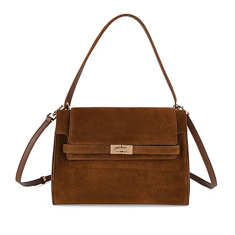 Valissiere Designer Inspired Genuine Leather - Suede Satchel with Crossbody Strap - Chocolate