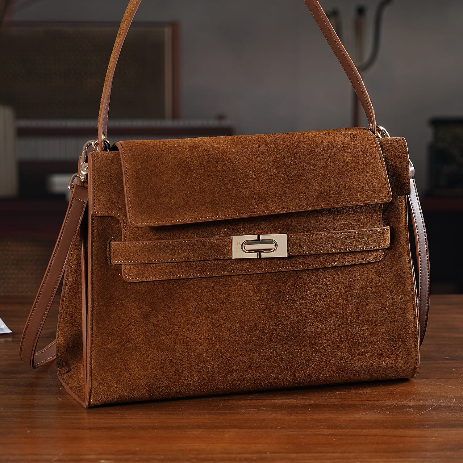 Valissiere Designer Inspired Genuine Leather - Suede Satchel with Crossbody Strap - Chocolate