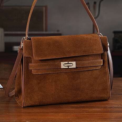 Valissiere Designer Inspired Genuine Leather - Suede Satchel with Crossbody Strap - Chocolate