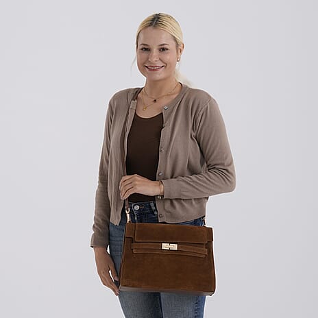 Valissiere Designer Inspired Genuine Leather - Suede Satchel with Crossbody Strap - Chocolate