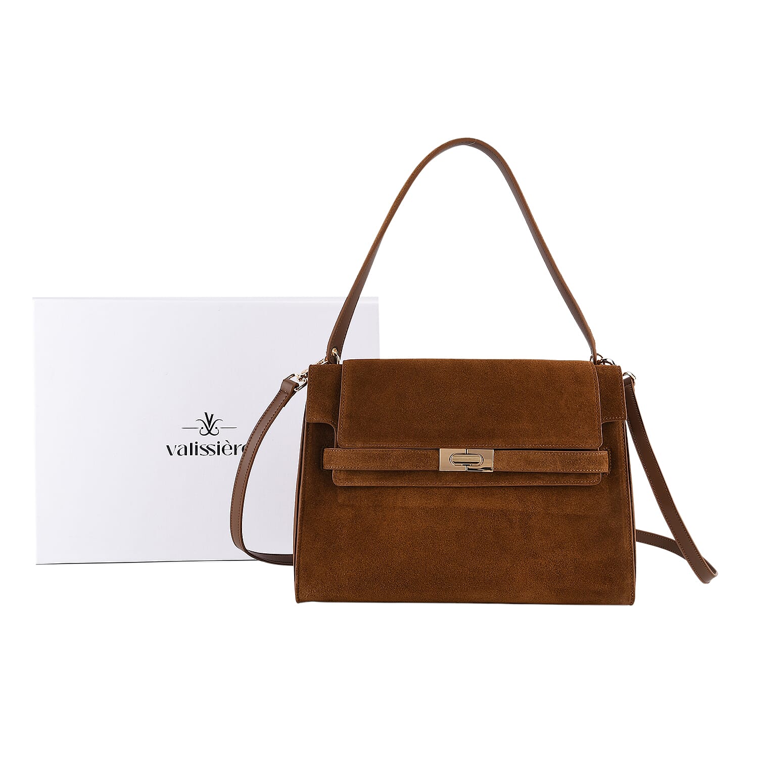 Valissiere Designer Inspired Genuine Leather - Suede Satchel with Crossbody Strap - Chocolate
