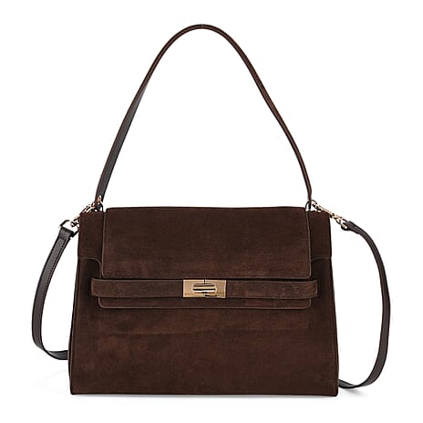 Valissiere Designer Inspired Genuine Leather - Suede Satchel with Crossbody Strap - Dark Coffee