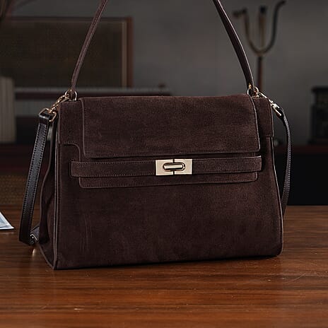 Valissiere Designer Inspired Genuine Leather - Suede Satchel with Crossbody Strap - Dark Coffee