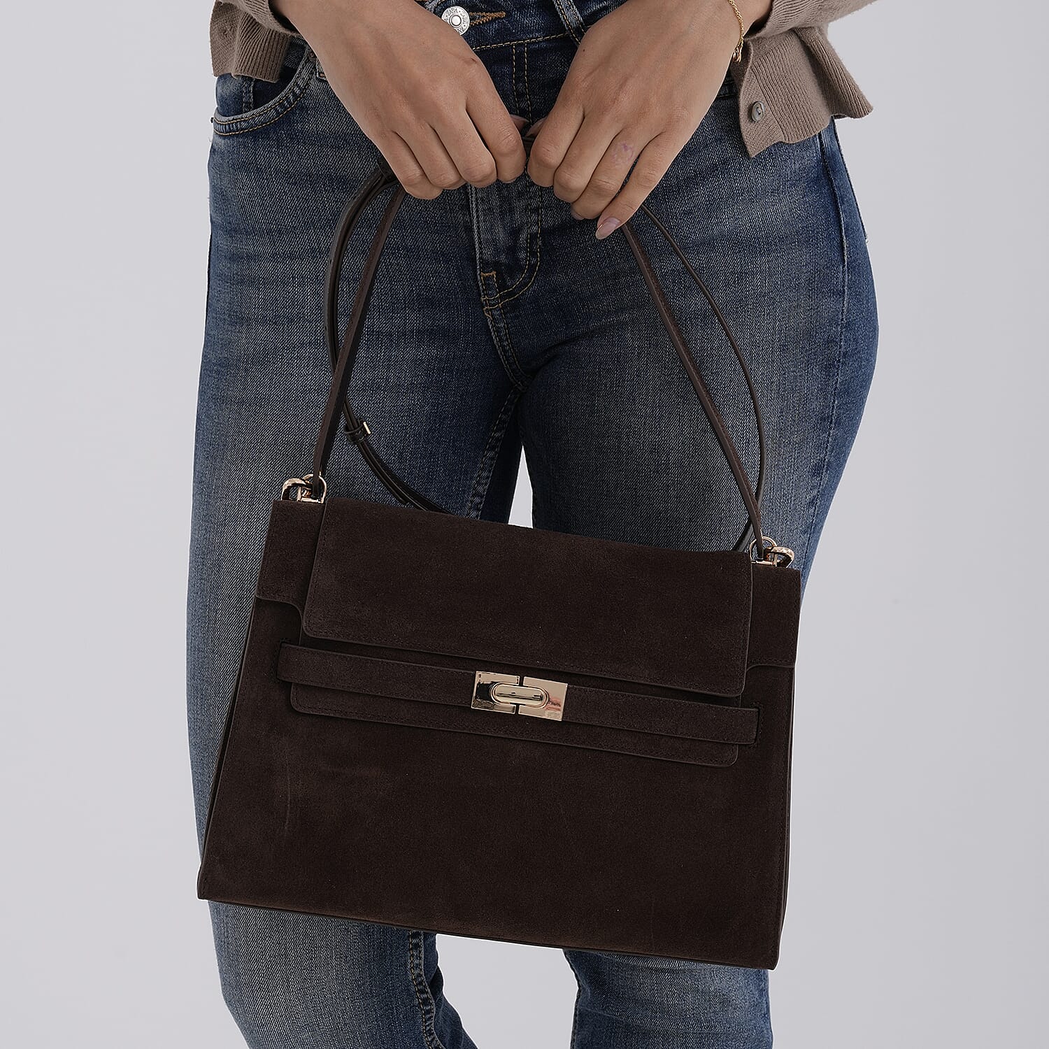 Valissiere Designer Inspired Genuine Leather - Suede Satchel with Crossbody Strap - Dark Coffee