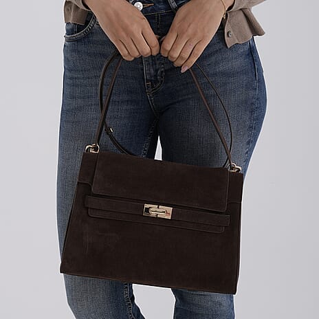 Valissiere Designer Inspired Genuine Leather - Suede Satchel with Crossbody Strap - Dark Coffee