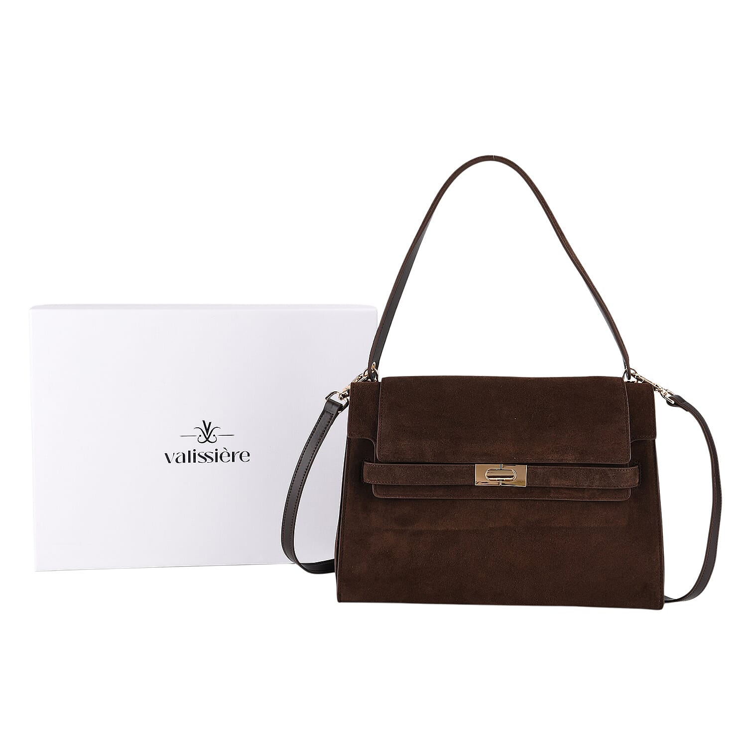 Valissiere Designer Inspired Genuine Leather - Suede Satchel with Crossbody Strap - Dark Coffee