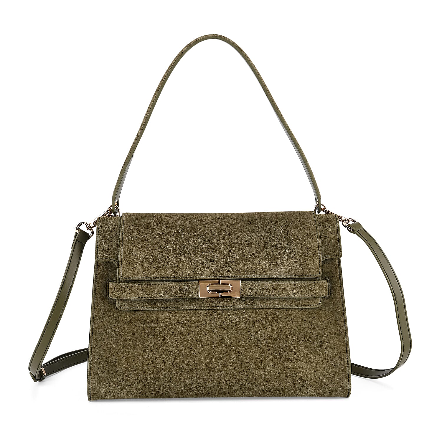 Valissiere Designer Inspired Genuine Leather - Suede Satchel with Crossbody Strap - Olive