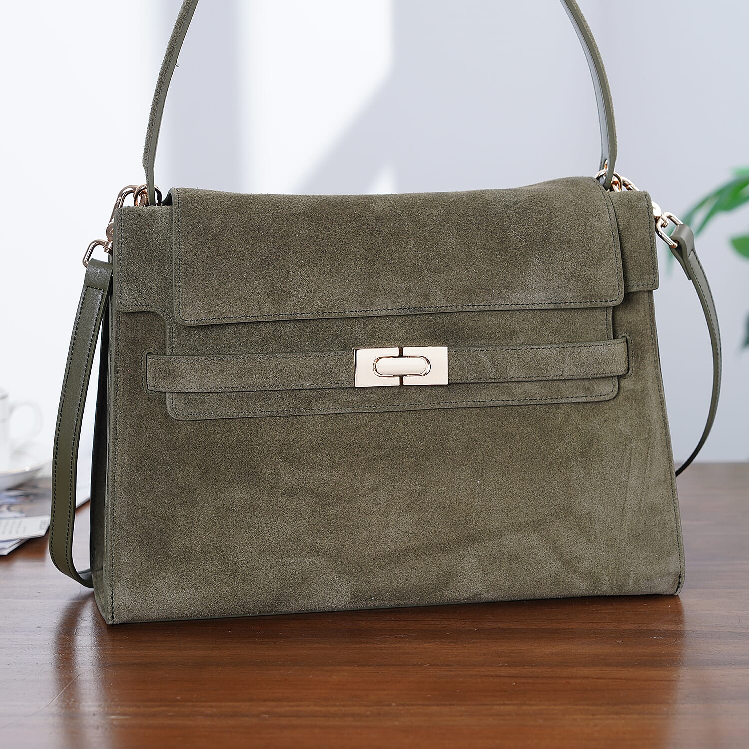 Valissiere Designer Inspired Genuine Leather - Suede Satchel with Crossbody Strap - Olive