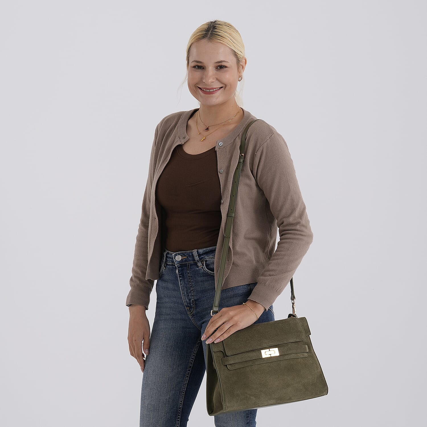 Valissiere Designer Inspired Genuine Leather - Suede Satchel with Crossbody Strap - Olive