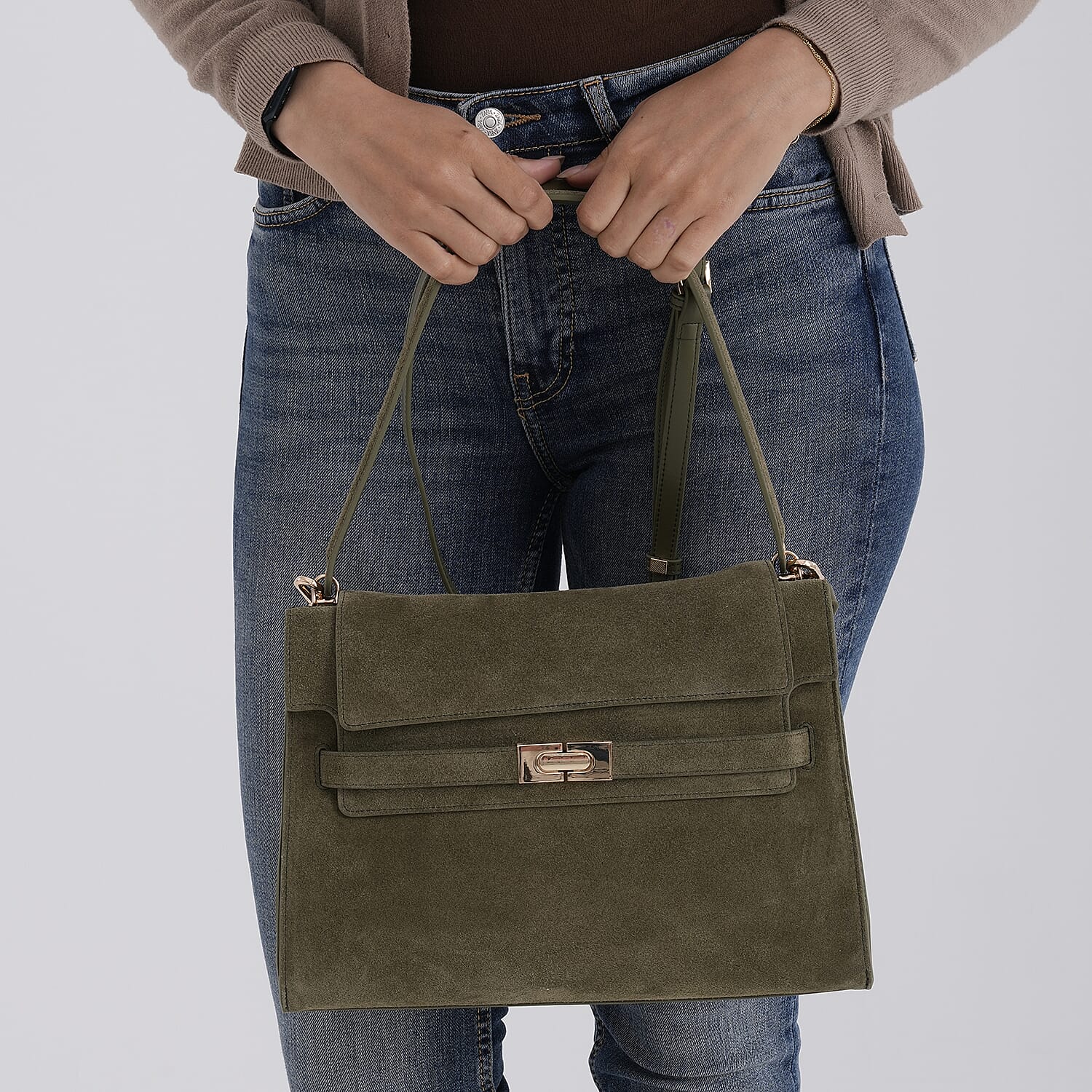 Valissiere Designer Inspired Genuine Leather - Suede Satchel with Crossbody Strap - Olive