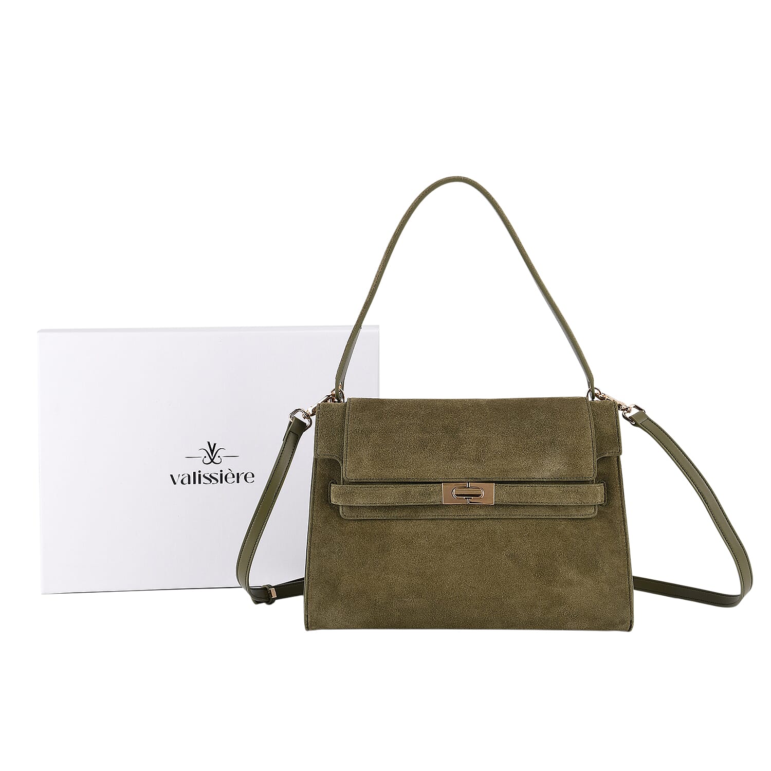 Valissiere Designer Inspired Genuine Leather - Suede Satchel with Crossbody Strap - Olive