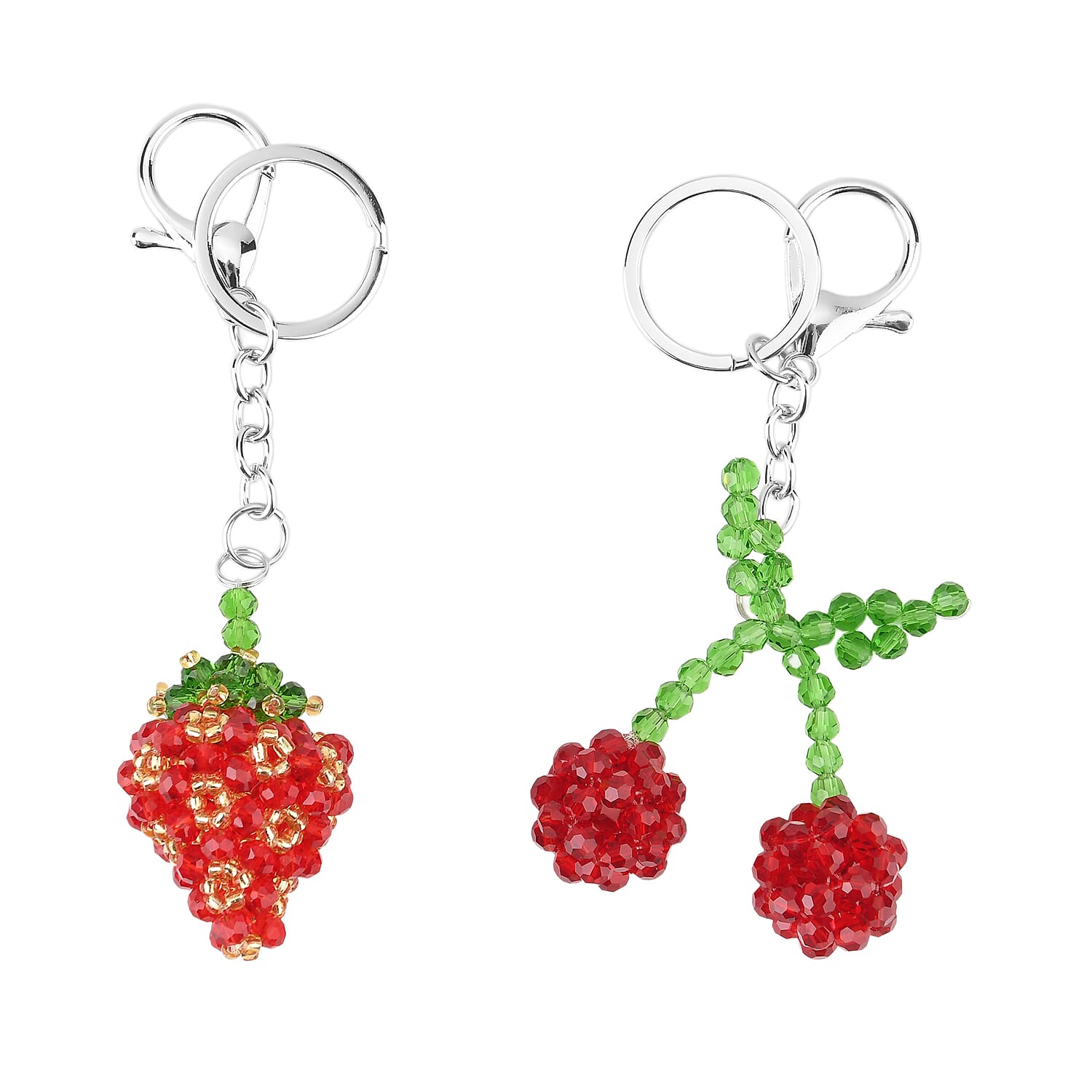 Set of 2 - Beaded Strawberry & Cherry Design Key Chains (12cm) - Red