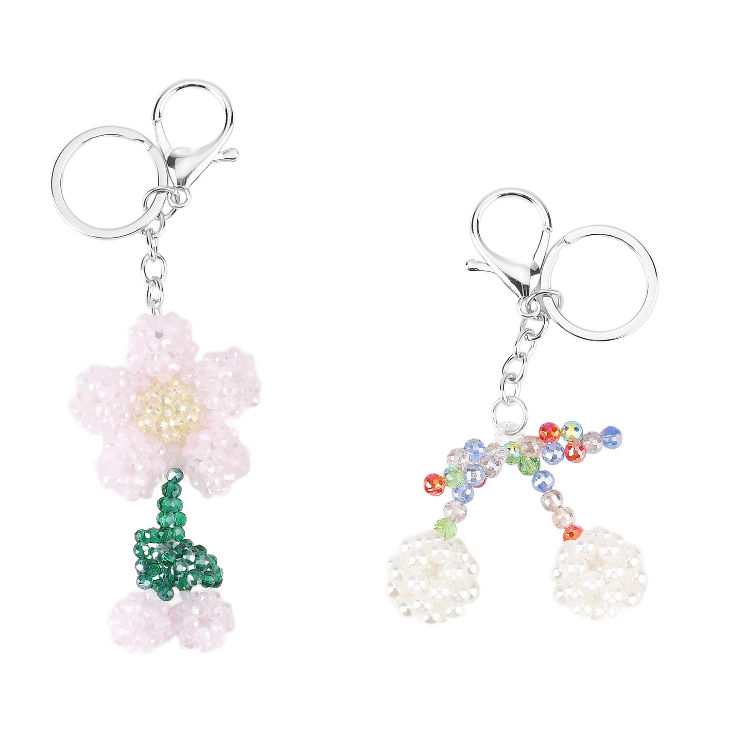 Set of 2 - Beaded Pink Flower & Multicolour Cherry Design Key Chains (12cm)