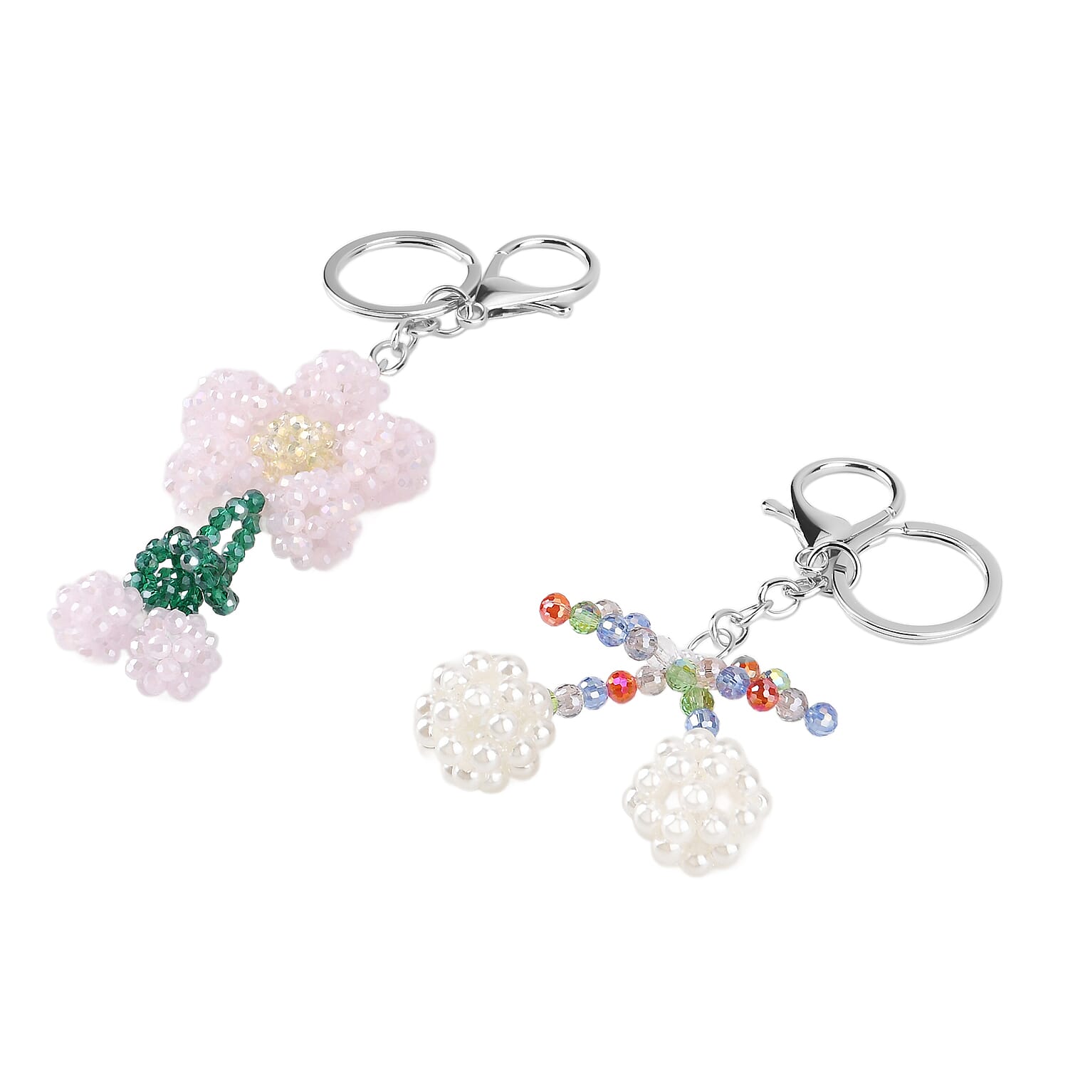 Set of 2 - Beaded Pink Flower & Multicolour Cherry Design Key Chains (12cm)