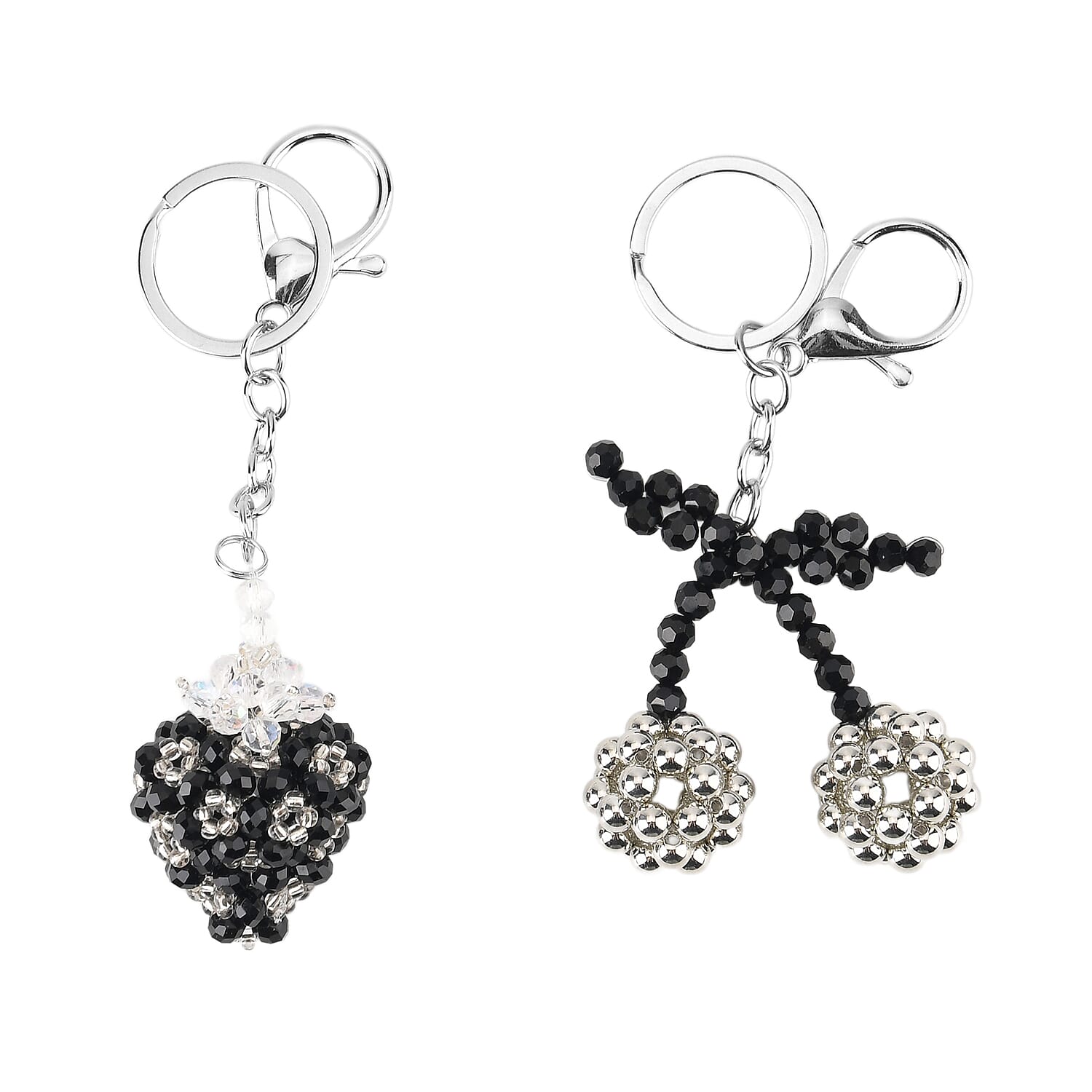 Set of 2 - Beaded Strawberry & Cherry Design Key Chains (12cm) - Black & Silver