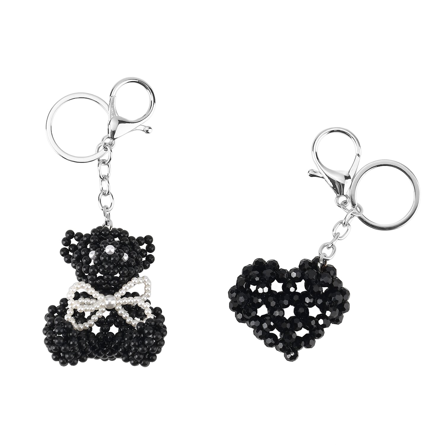 Set of 2 - Beaded Bear & Heart Design Key Chains (12cm) - White & Black