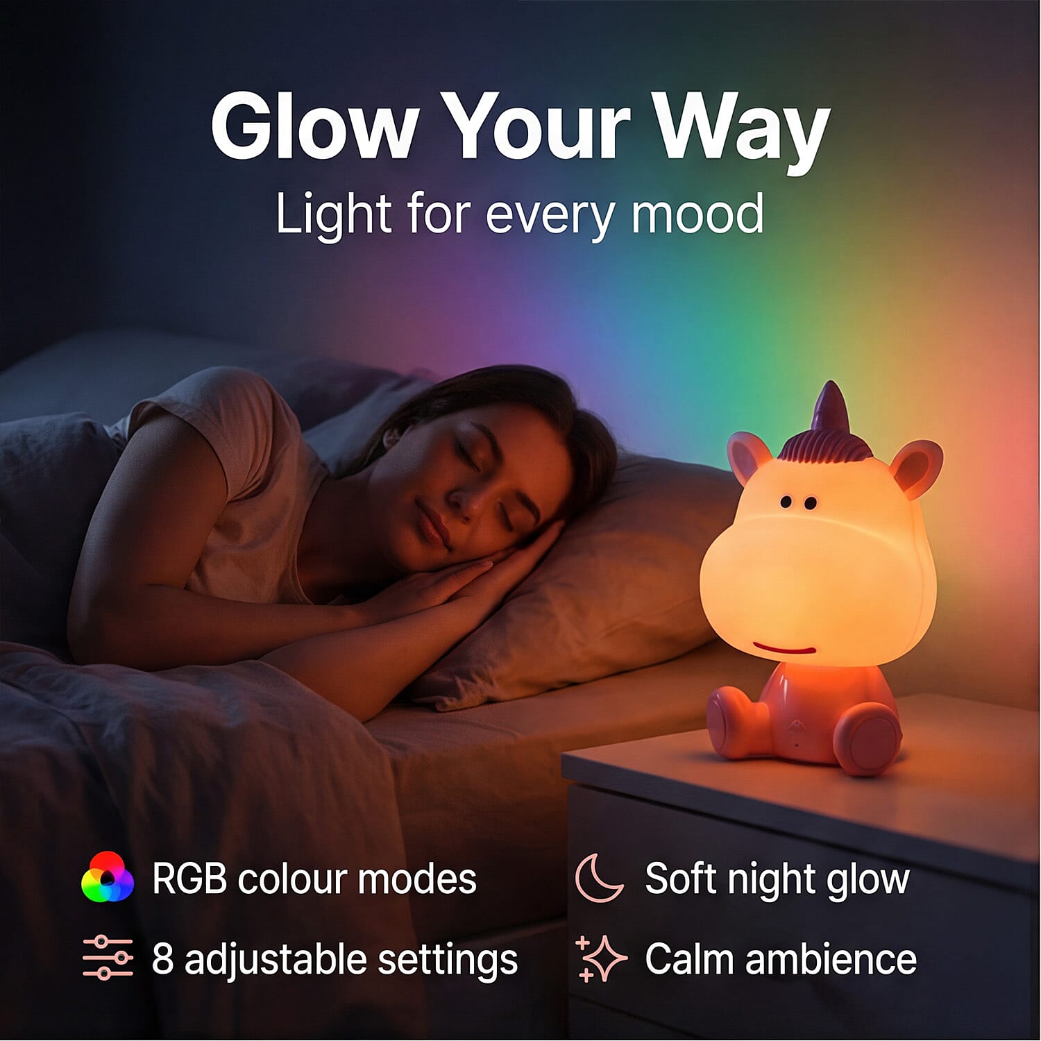 BLISS - BEYOND Unicorn Light with Bluetooth Speaker (26cm) - RGB LED Mood Lamp with 8 Gears, Rechargeable - Pink