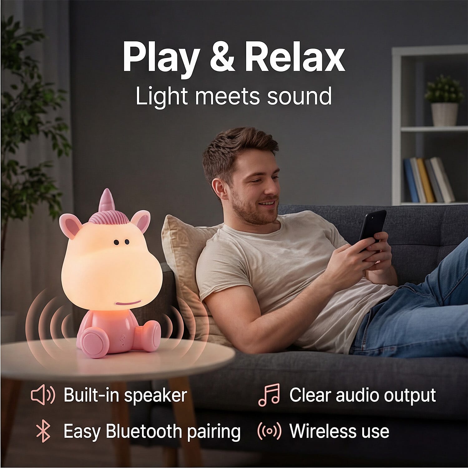 BLISS - BEYOND Unicorn Light with Bluetooth Speaker (26cm) - RGB LED Mood Lamp with 8 Gears, Rechargeable - Pink