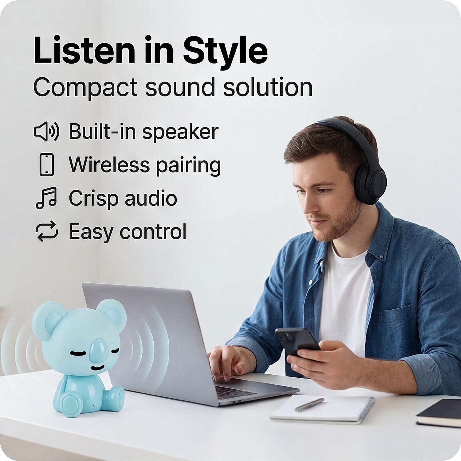 BLISS - BEYOND Koala Light with Bluetooth Speaker (26cm) - RGB LED Mood Lamp with 8 Gears, Rechargeable - Blue