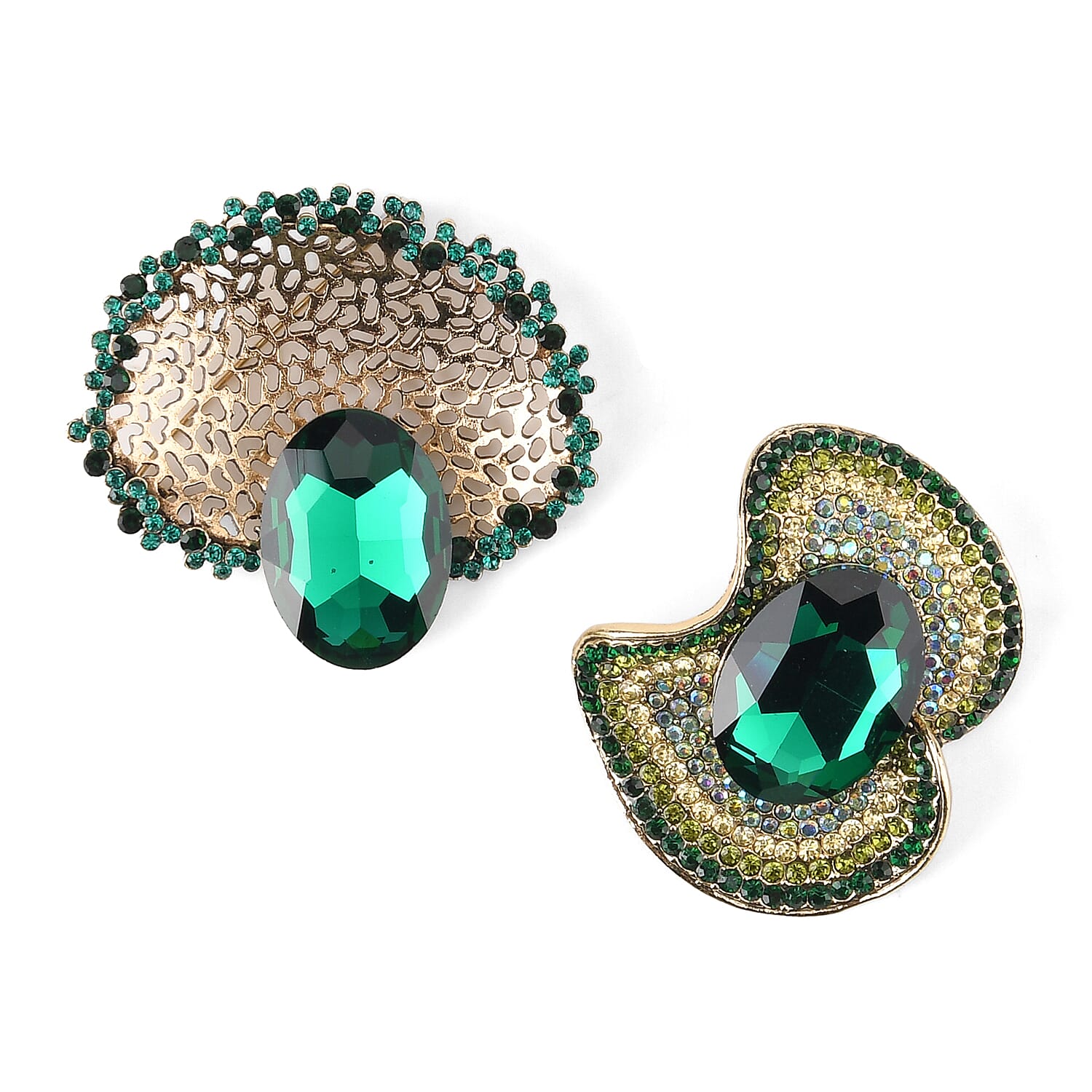 Set of 2 Vintage-Inspired Sparkling Stone Brooches - Green