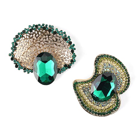 Set of 2 Vintage-Inspired Sparkling Stone Brooches - Green
