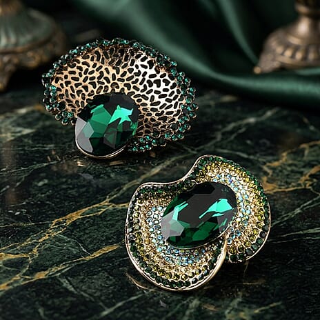 Set of 2 Vintage-Inspired Sparkling Stone Brooches - Green