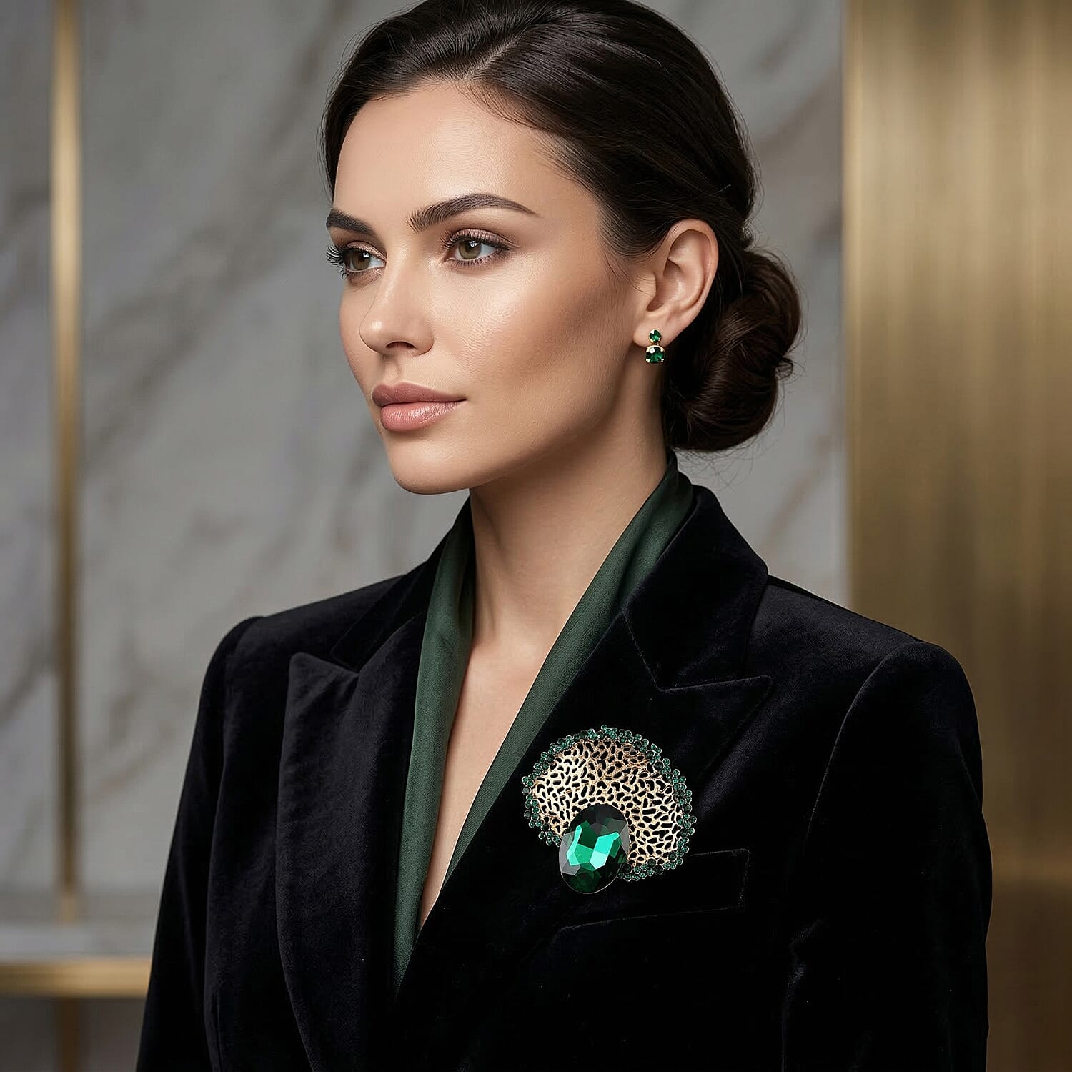 Set of 2 Vintage-Inspired Sparkling Stone Brooches - Green