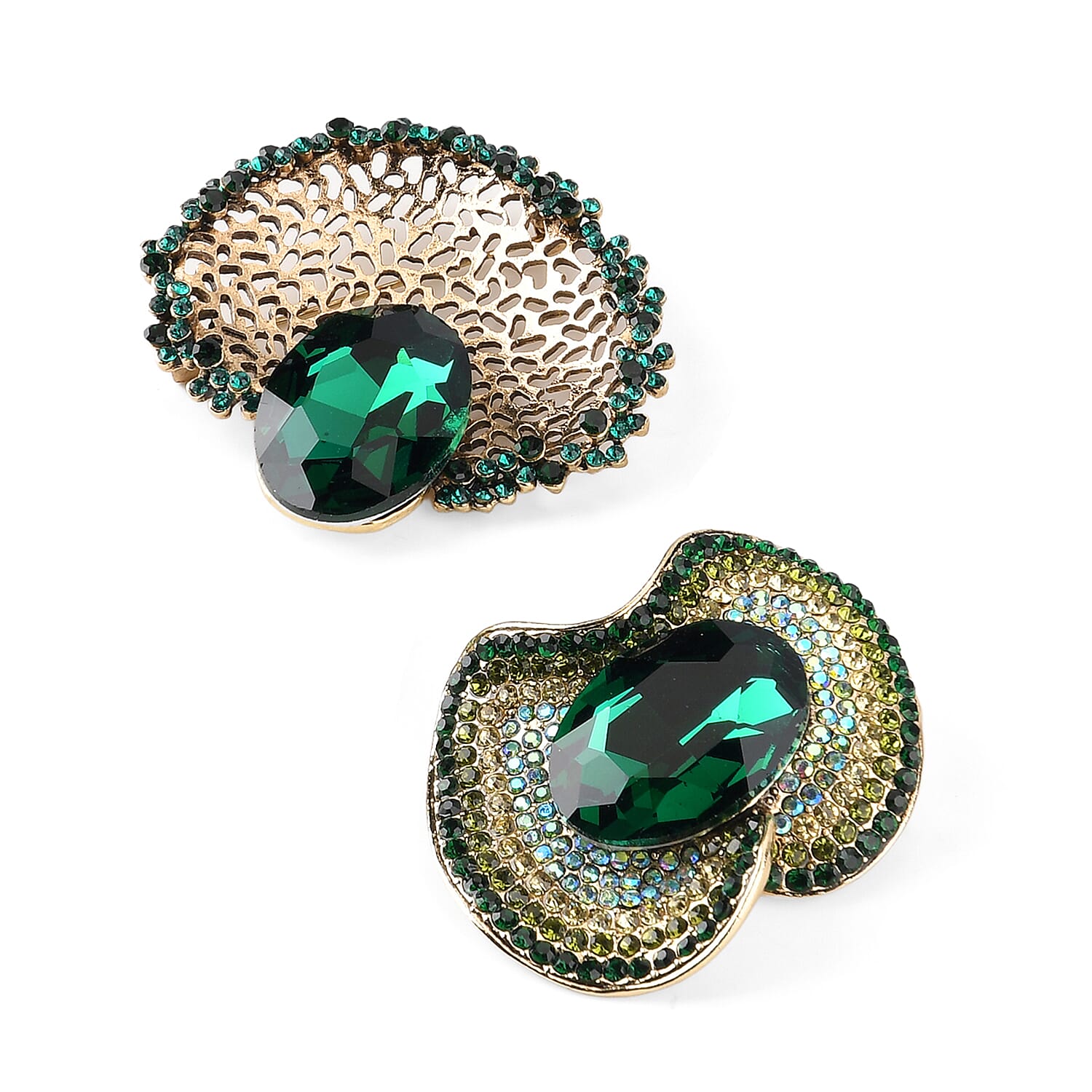 Set of 2 Vintage-Inspired Sparkling Stone Brooches - Green