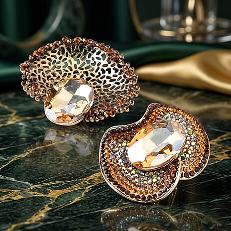 Set of 2 Vintage-Inspired Sparkling Stone Brooches - Yellow