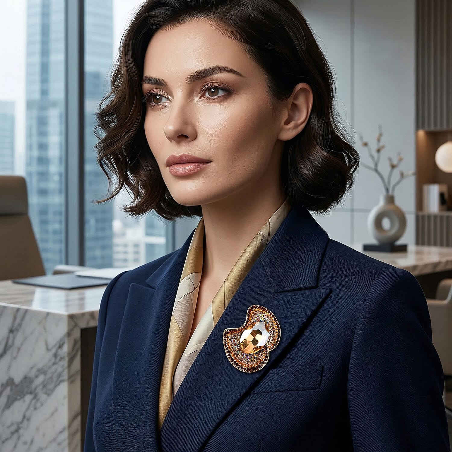 Set of 2 Vintage-Inspired Sparkling Stone Brooches - Yellow