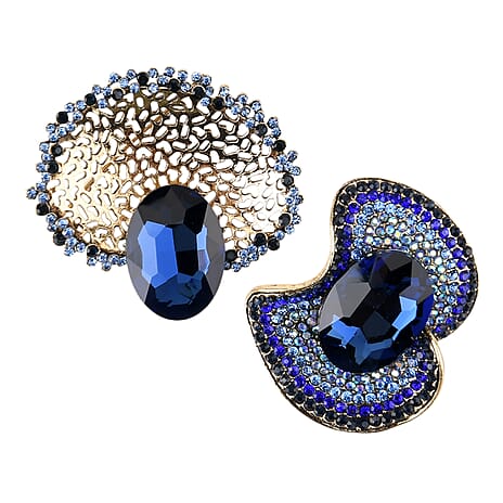 Set of 2 Vintage-Inspired Sparkling Stone Brooches - Blue
