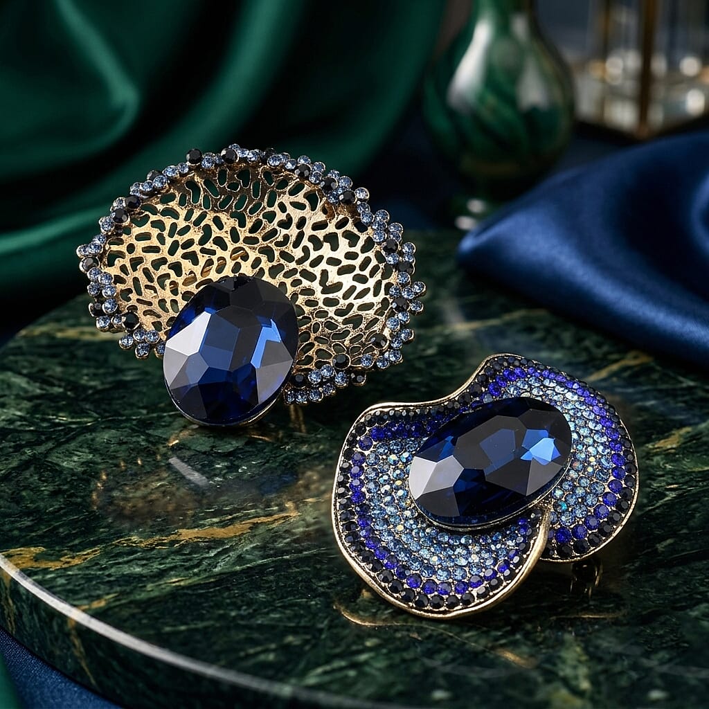 Set of 2 Vintage-Inspired Sparkling Stone Brooches - Blue
