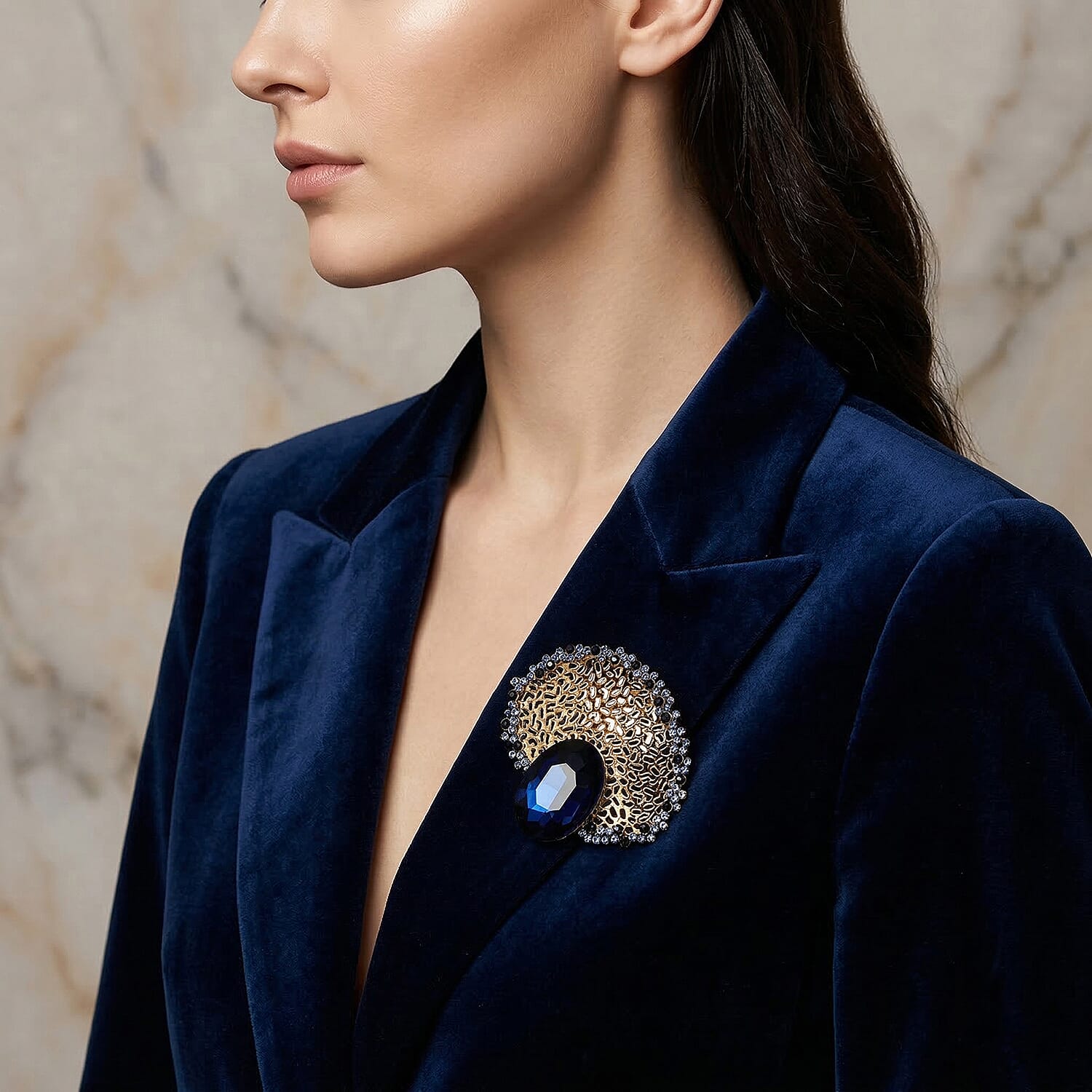 Set of 2 Vintage-Inspired Sparkling Stone Brooches - Blue