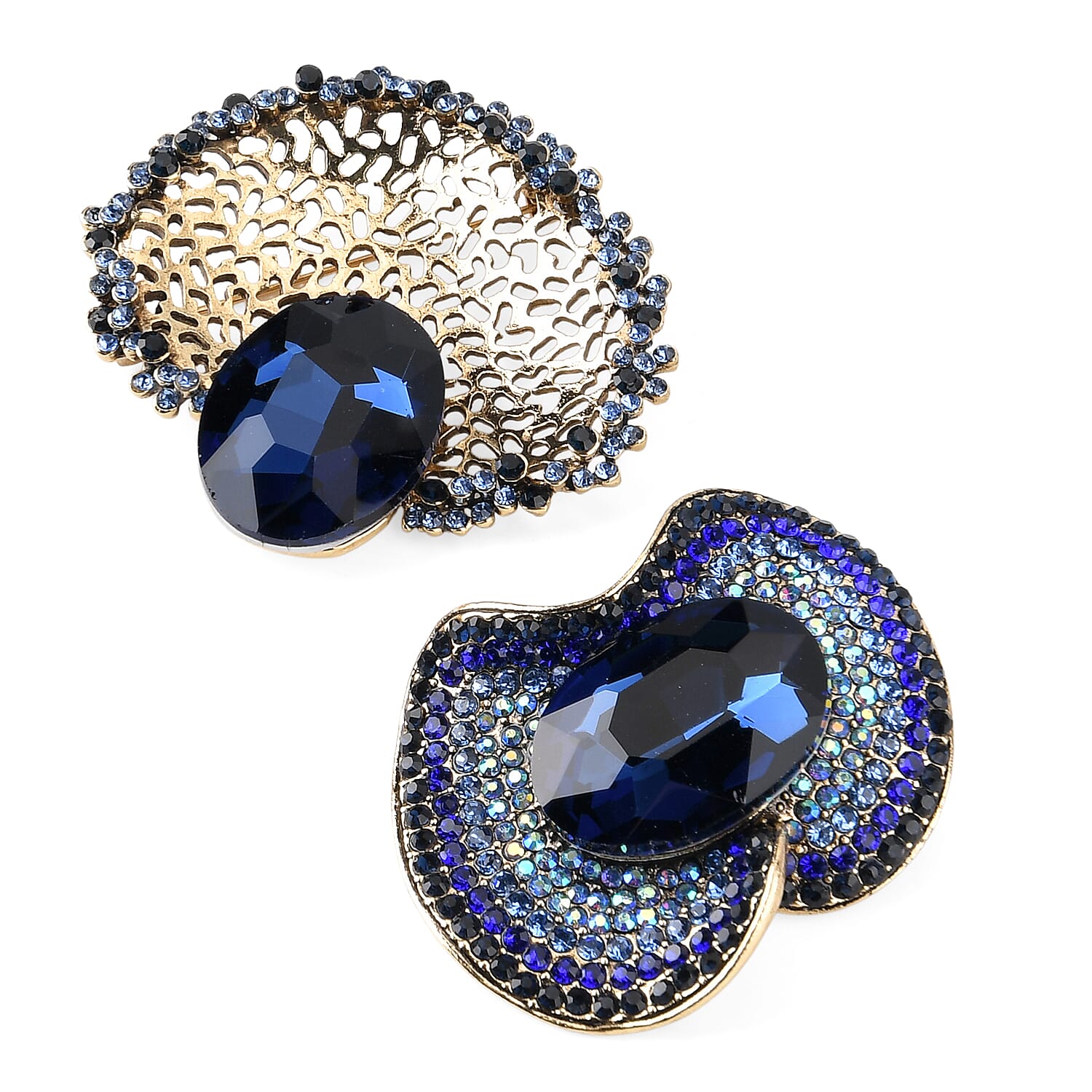 Set of 2 Vintage-Inspired Sparkling Stone Brooches - Blue