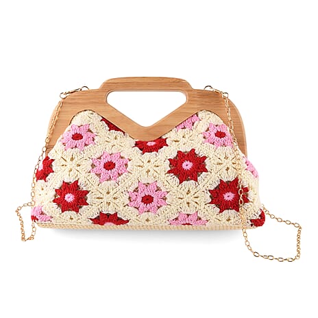 Crochet Floral Knit Clutch Bag with Wooden Top Handle - Beige & Pink