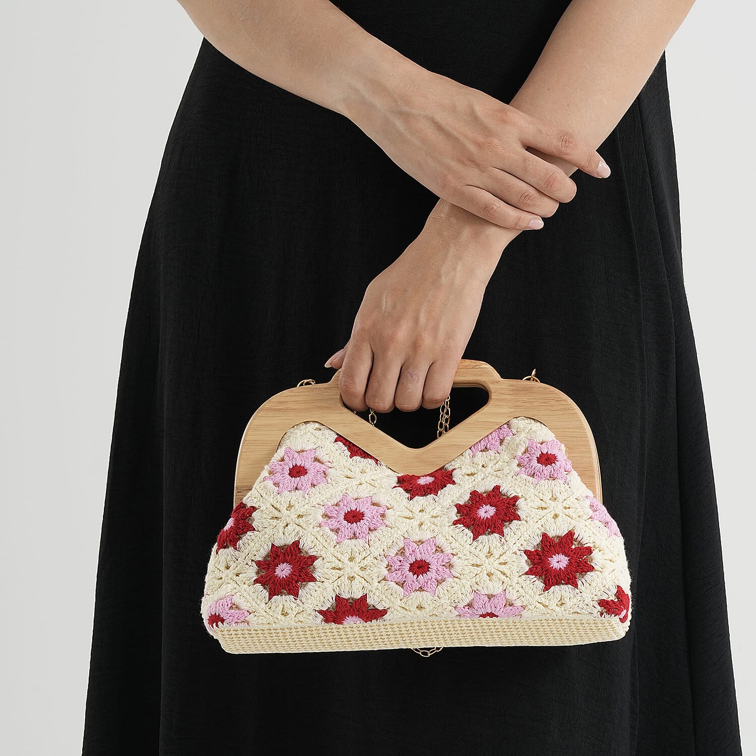 Crochet Floral Knit Clutch Bag with Wooden Top Handle - Beige & Pink