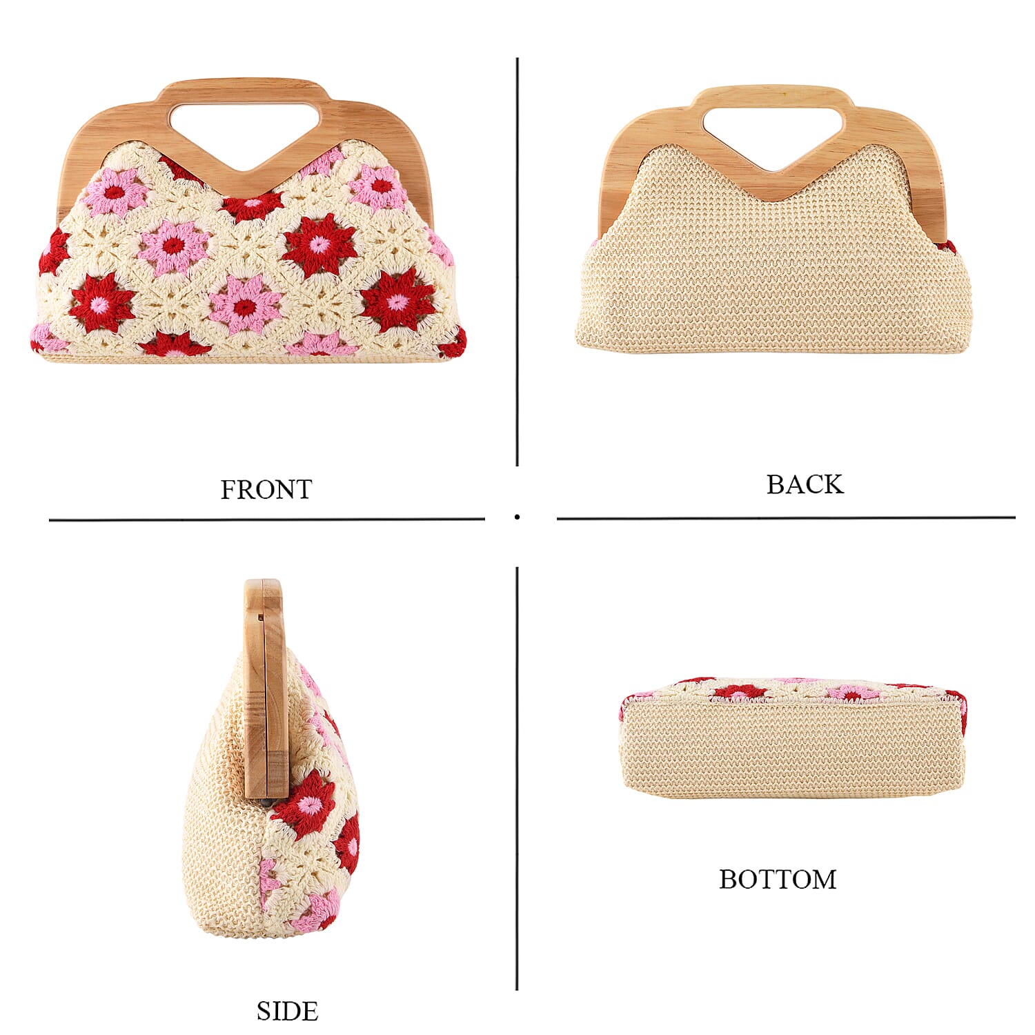 Crochet Floral Knit Clutch Bag with Wooden Top Handle - Beige & Pink