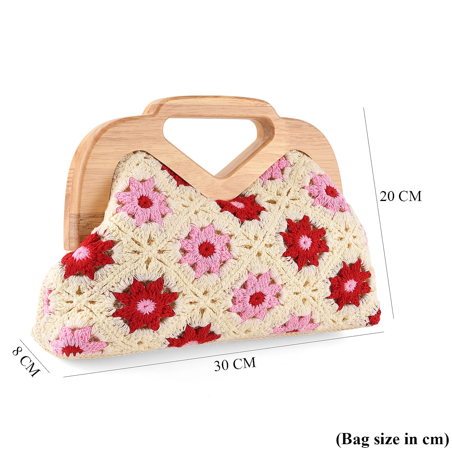 Crochet Floral Knit Clutch Bag with Wooden Top Handle - Beige & Pink