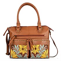 La Marey Genuine Leather Sunflower Embroidery Handbag with Crossbody Shoulder Strap - Light Brown