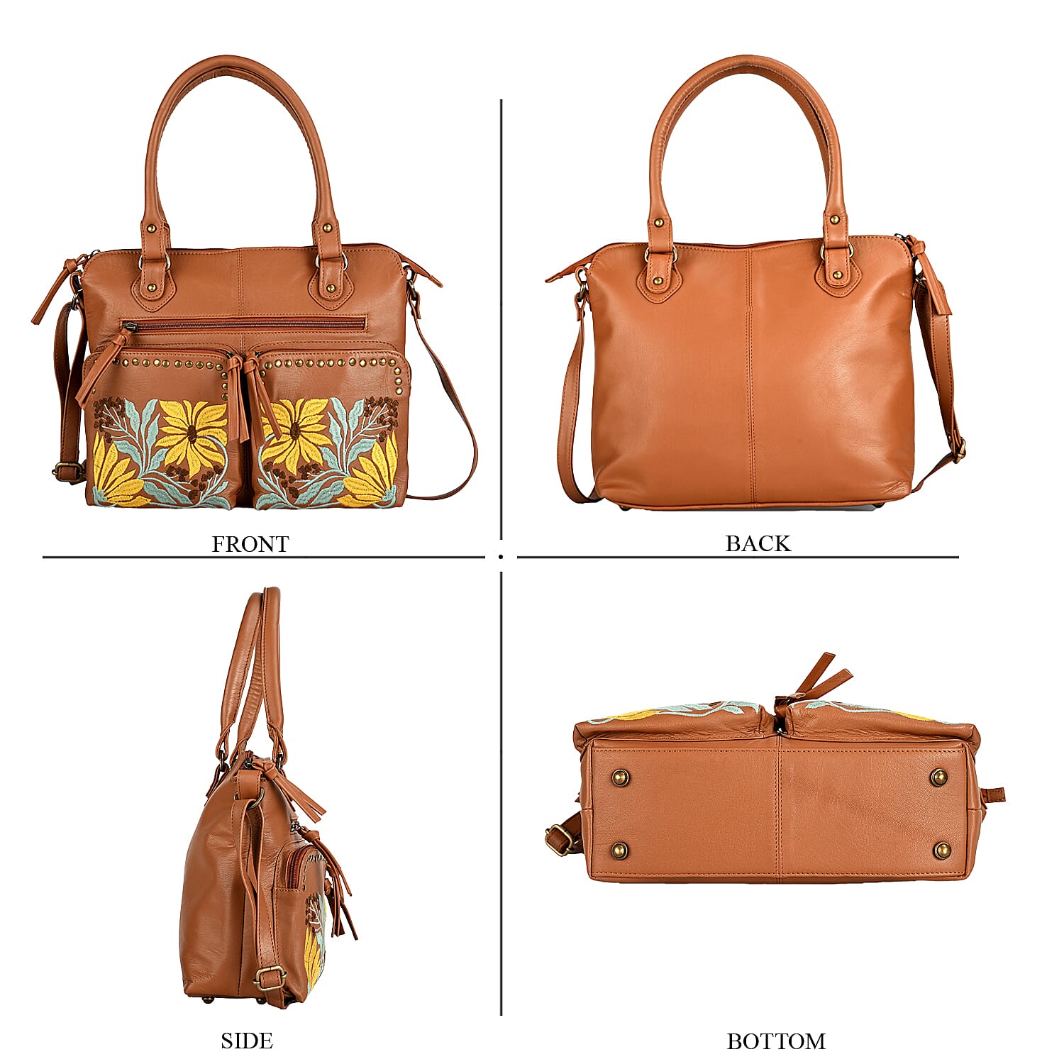 La Marey Genuine Leather Sunflower Embroidery Handbag with Crossbody Shoulder Strap - Light Brown
