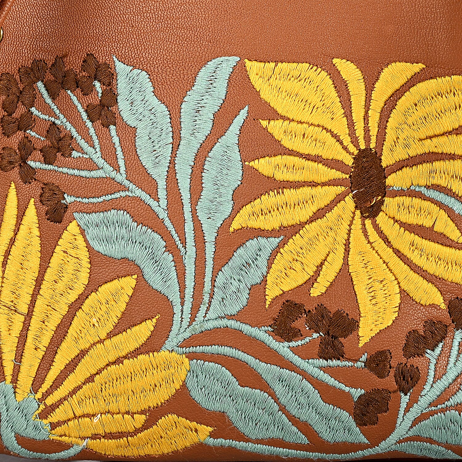 La Marey Genuine Leather Sunflower Embroidery Handbag with Crossbody Shoulder Strap - Light Brown