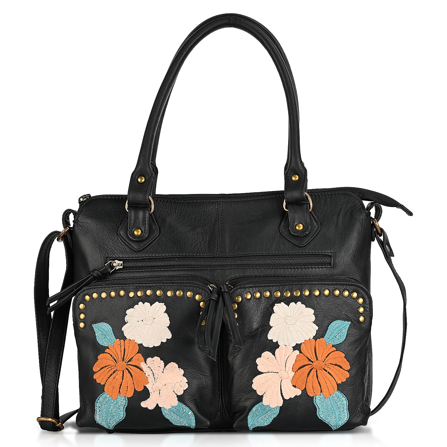 La Marey Genuine Leather Embroidery Handbag with Crossbody Shoulder Strap - Black