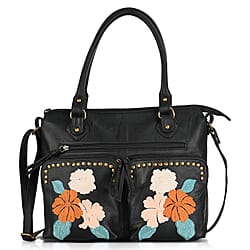 La Marey Genuine Leather Sunflower Embroidery Handbag with Crossbody Shoulder Strap - Light Brown