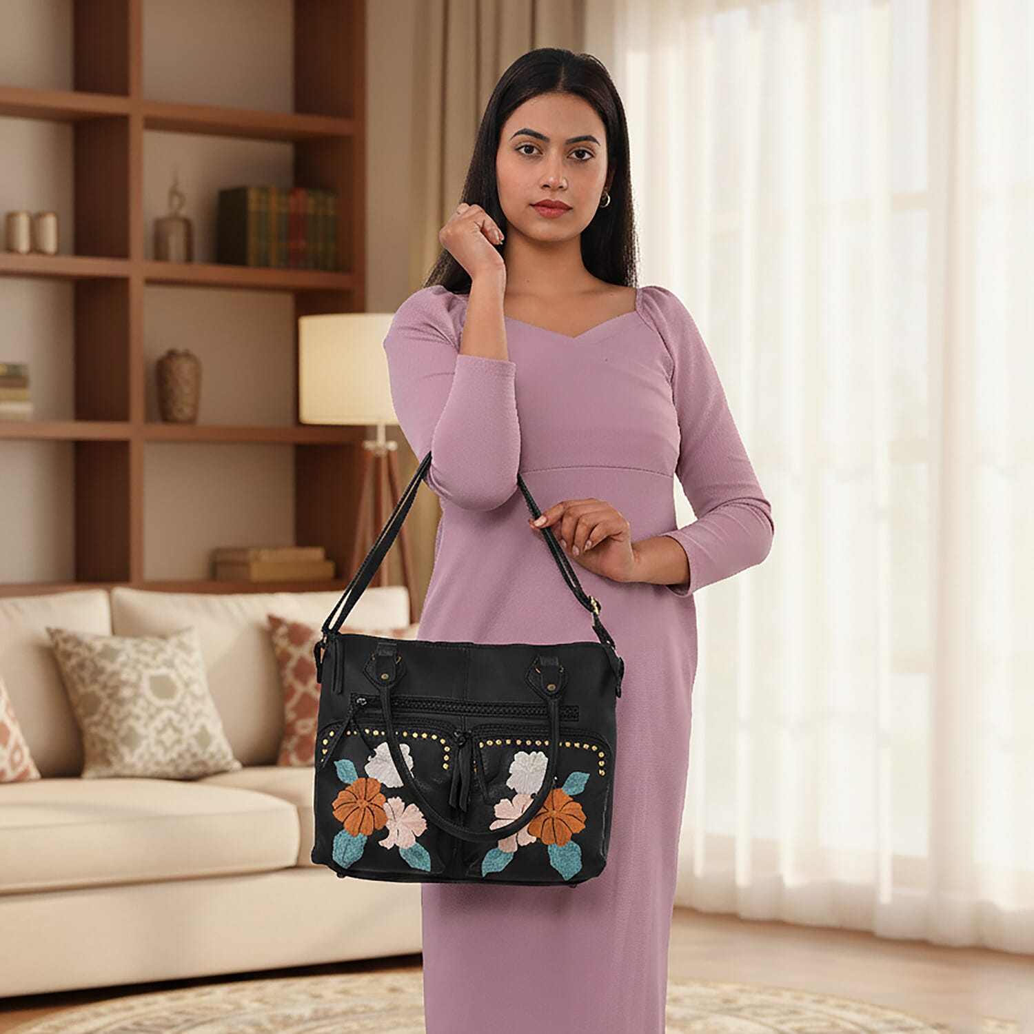 La Marey Genuine Leather Embroidery Handbag with Crossbody Shoulder Strap - Black