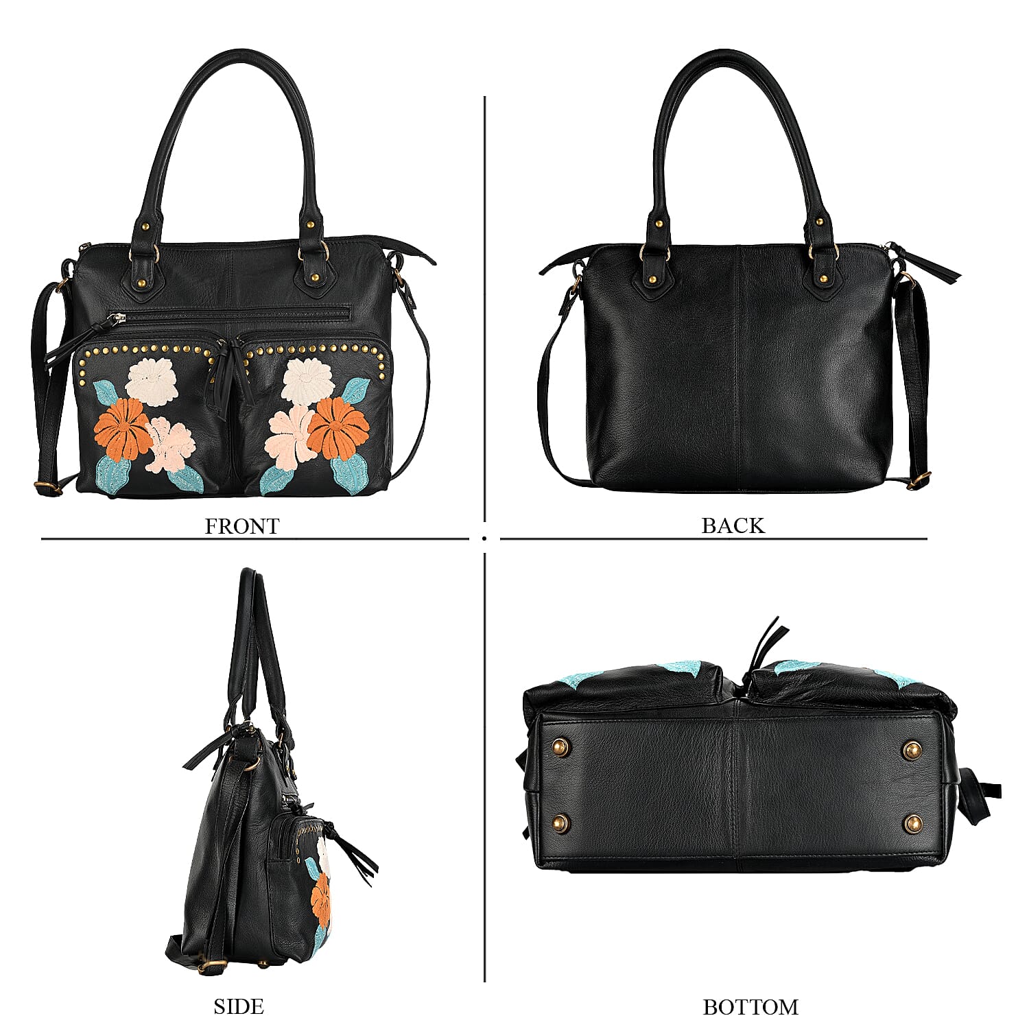 La Marey Genuine Leather Embroidery Handbag with Crossbody Shoulder Strap - Black
